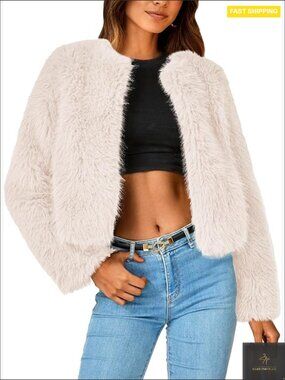 Faux Fur Cropped Jacket Long Sleeve Open Front Winter Coat Plus Size